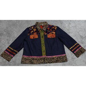 F L Malik Jacket Women's Medium Multicolor Button Up Leopard Boho Print Trim
